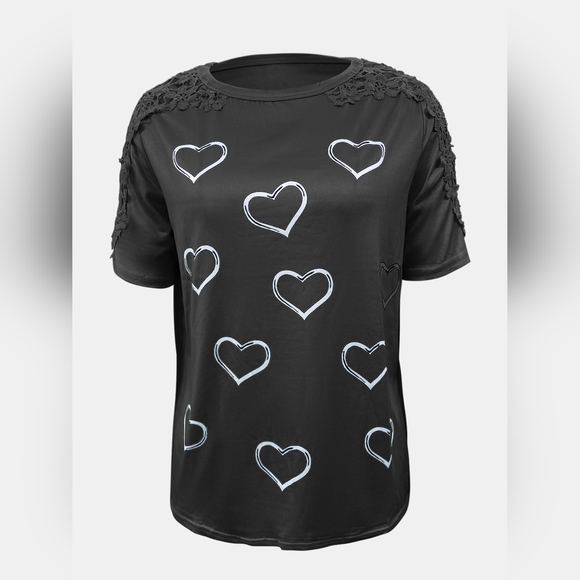 Full Size Lace Detail Heart Round Neck Short Sleeve Top - Picture 2 of 5